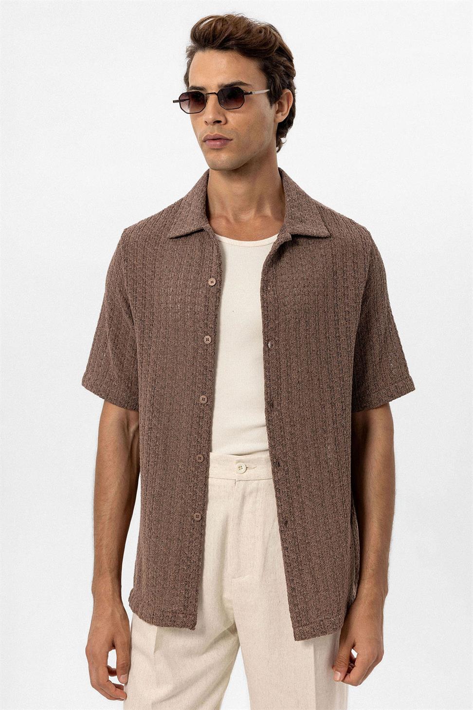 Antioch Kahve Dokulu Kroşe Erkek Gömlek