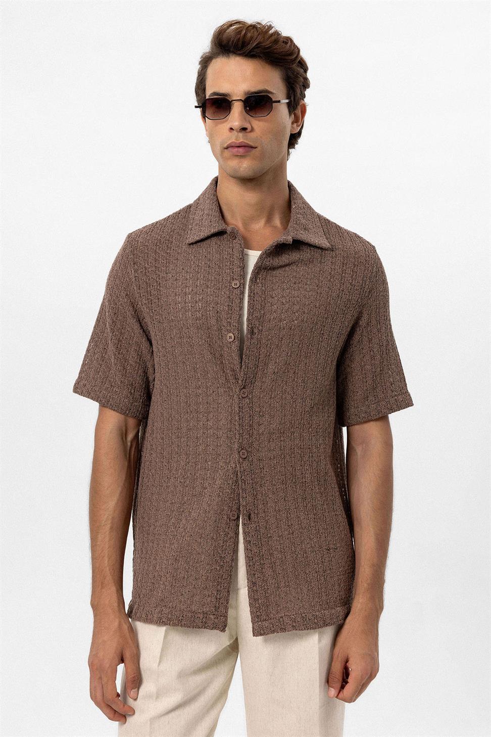 Antioch Kahve Dokulu Kroşe Erkek Gömlek