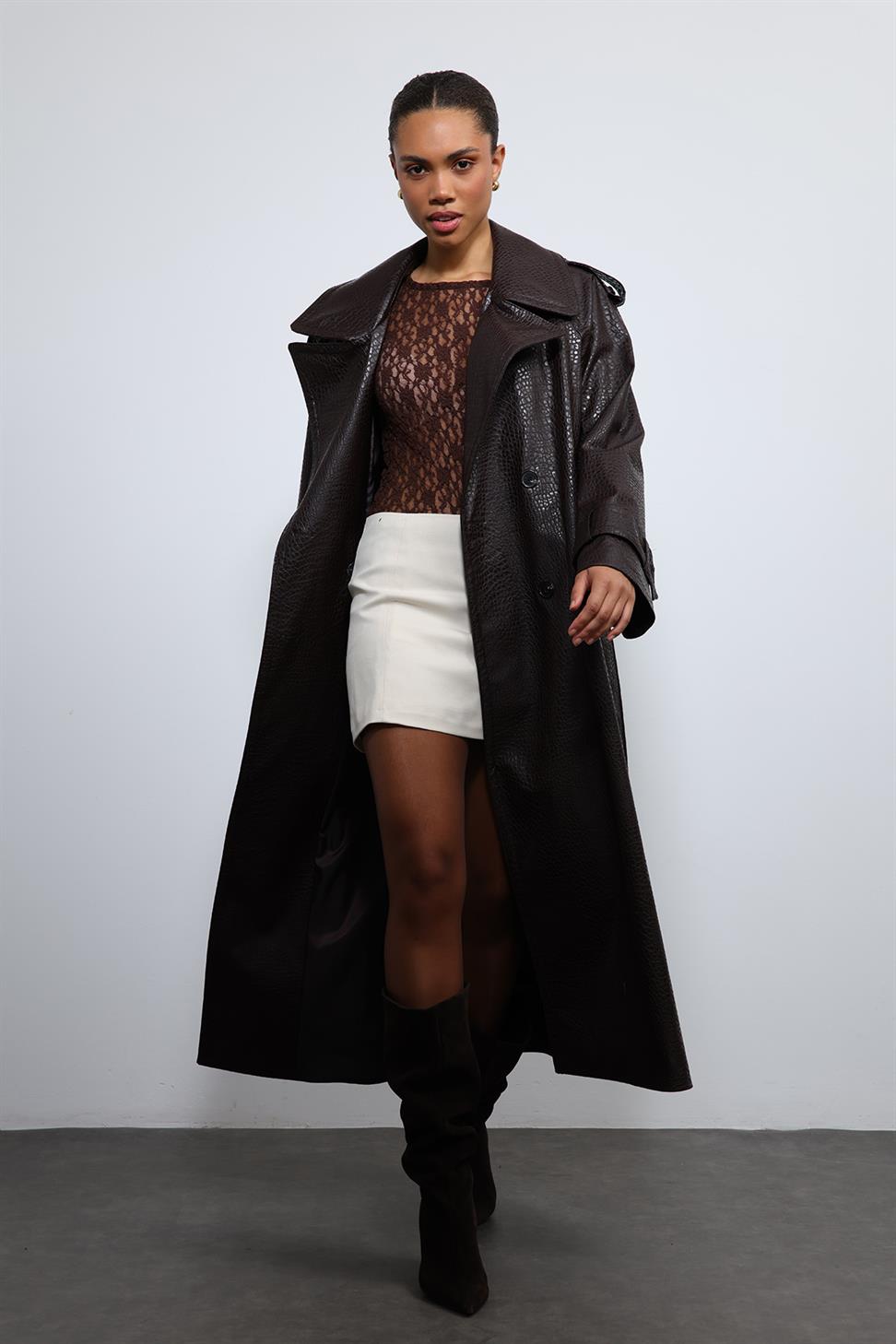 Textured Faux Leather Trench Coat