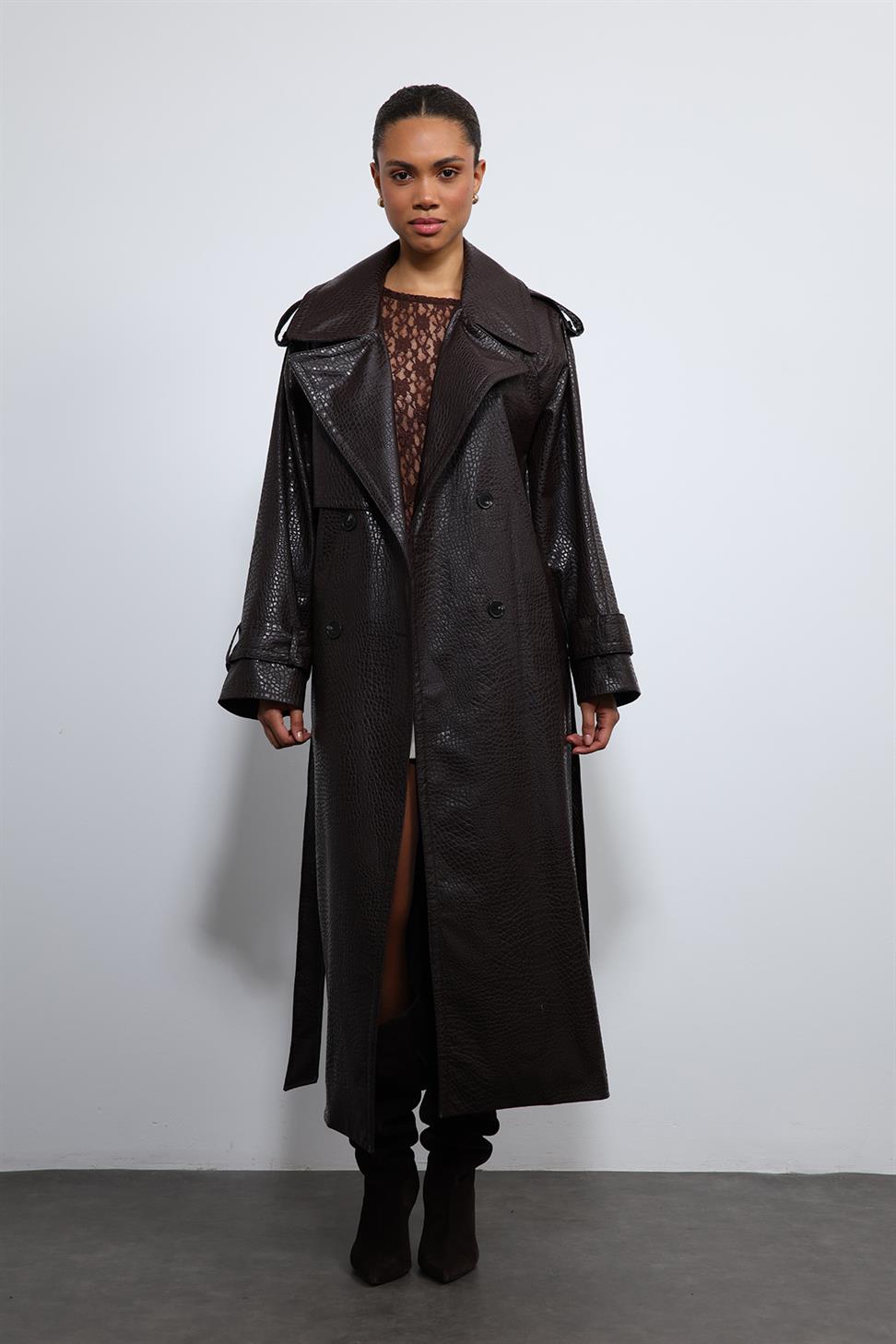 Textured Faux Leather Trench Coat