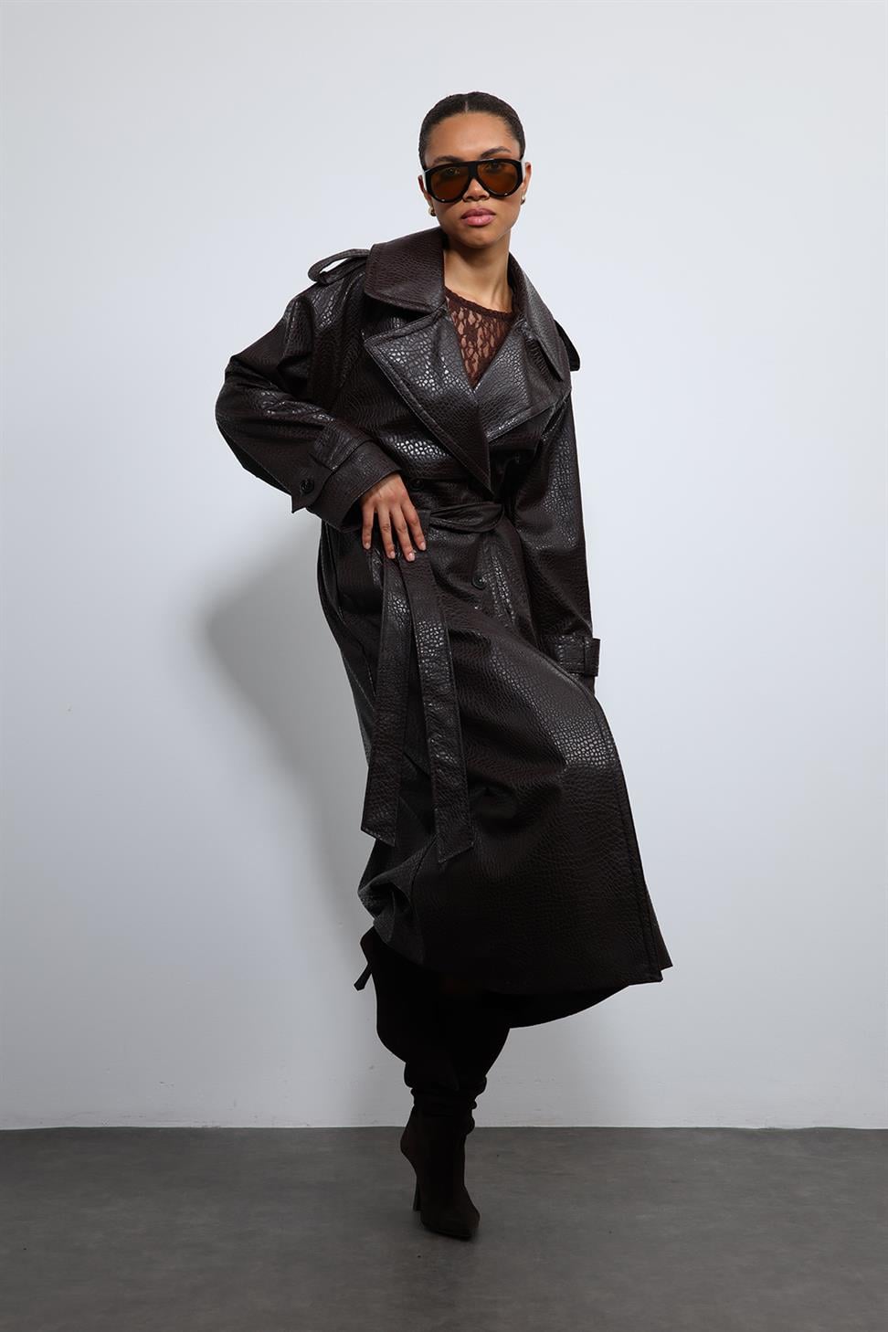 Textured Faux Leather Trench Coat