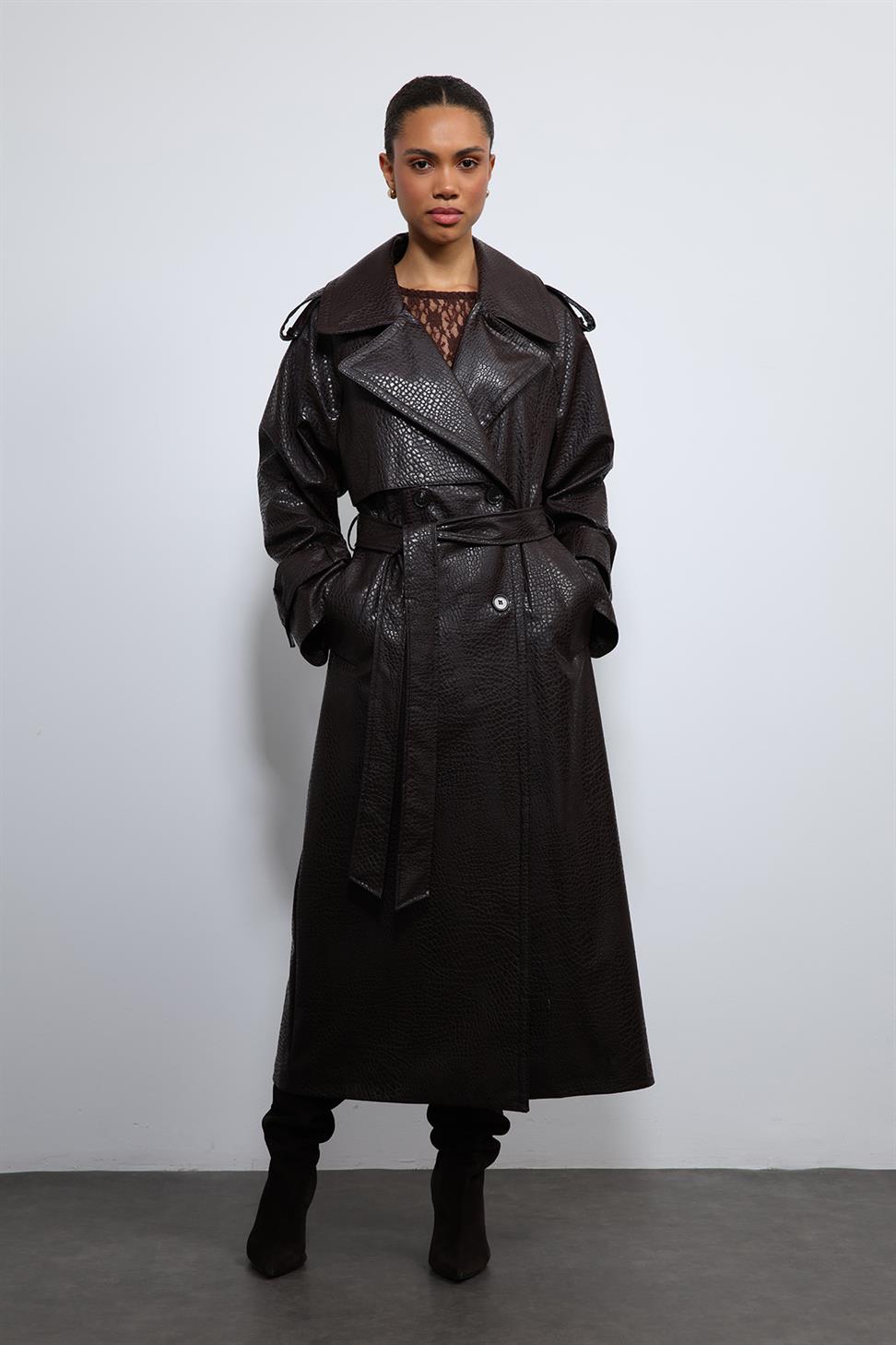 Textured Faux Leather Trench Coat