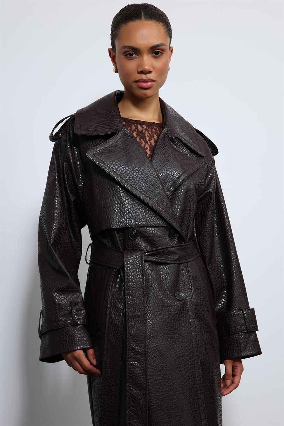 Textured Faux Leather Trench Coat