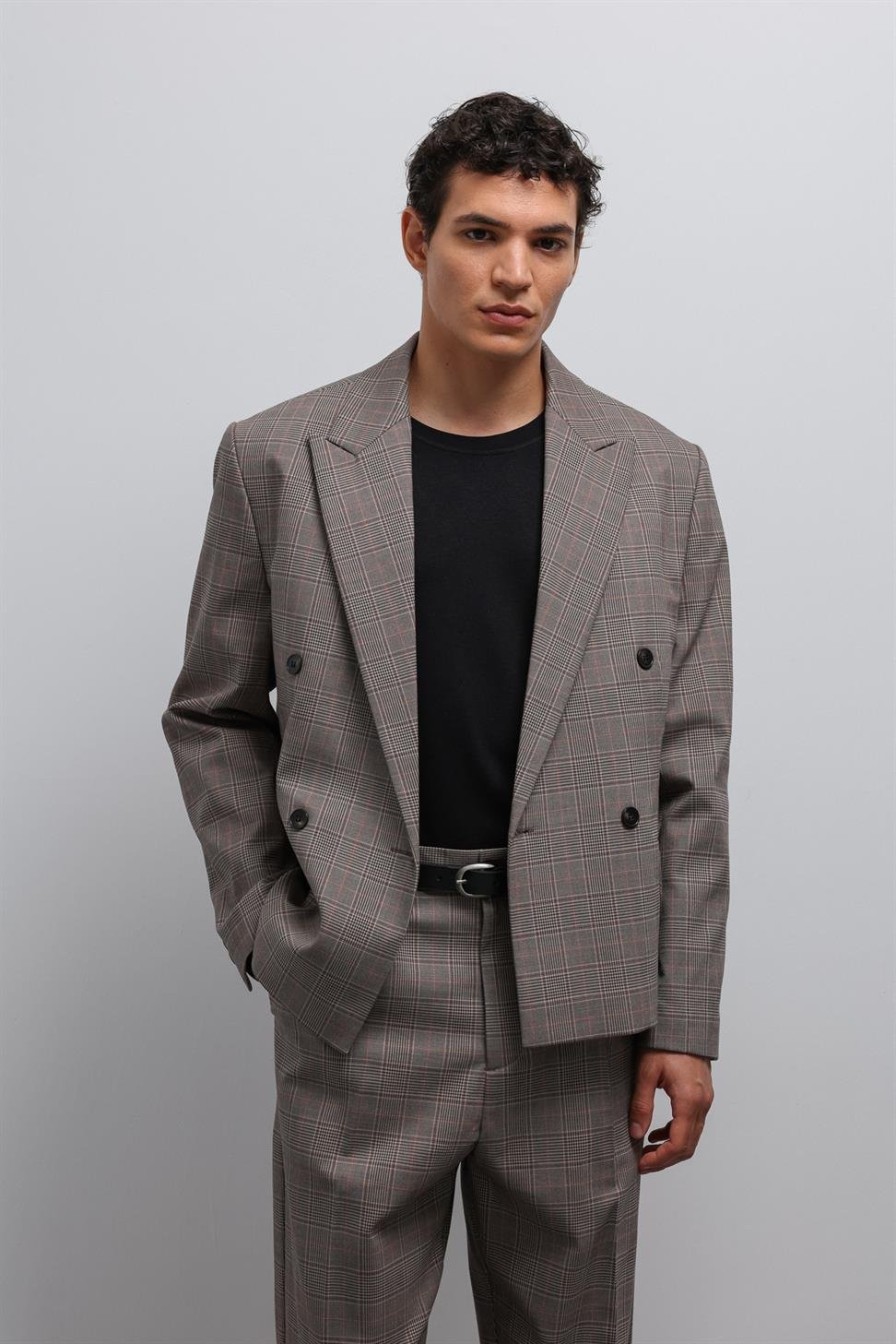 Antioch Kahve Ekoseli Kruvaze Erkek Blazer Ceket