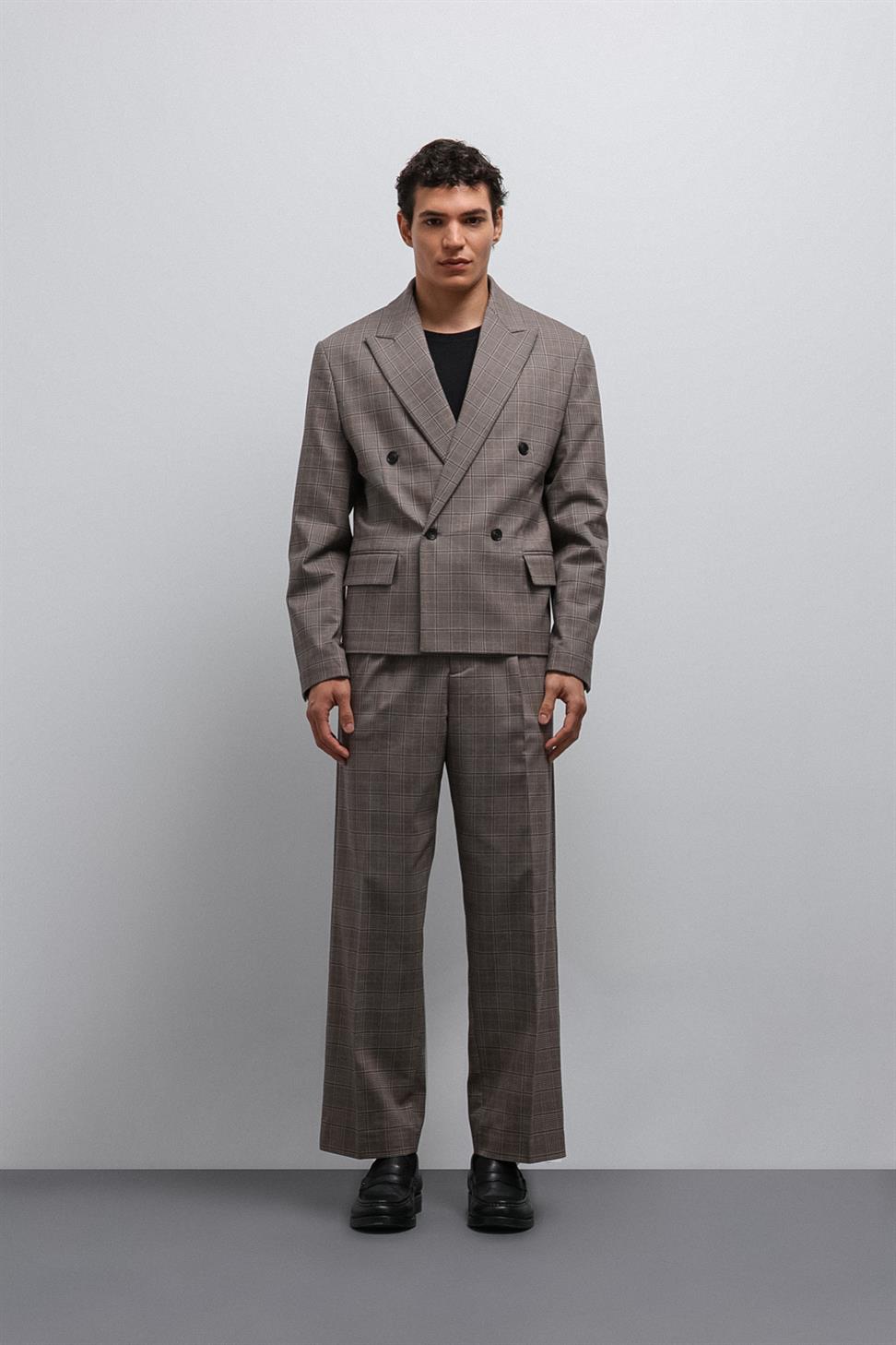 Antioch Kahve Ekoseli Kruvaze Erkek Blazer Ceket