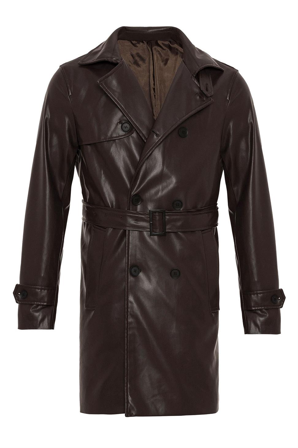 Antioch Kahve Erkek Kemer Detaylı Kruvaze Suni Deri Trençkot
