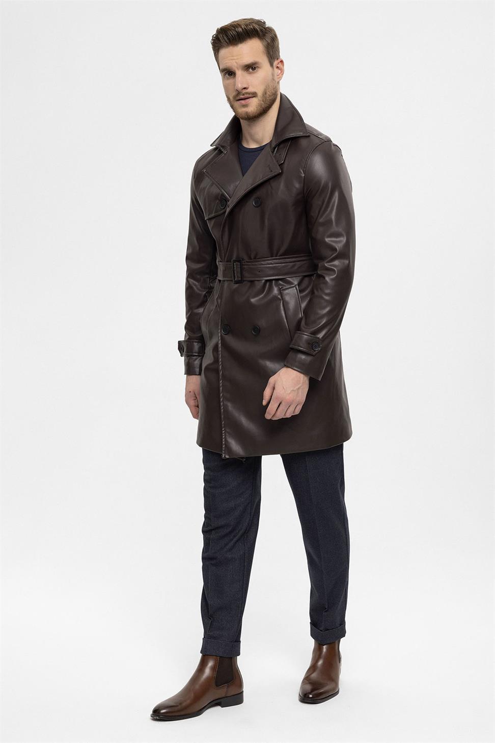 Antioch Kahve Erkek Kemer Detaylı Kruvaze Suni Deri Trençkot