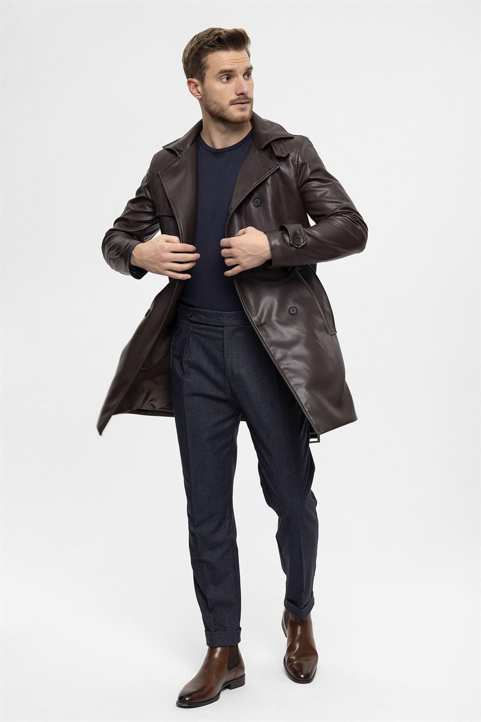 Antioch Kahve Erkek Kemer Detaylı Kruvaze Suni Deri Trençkot