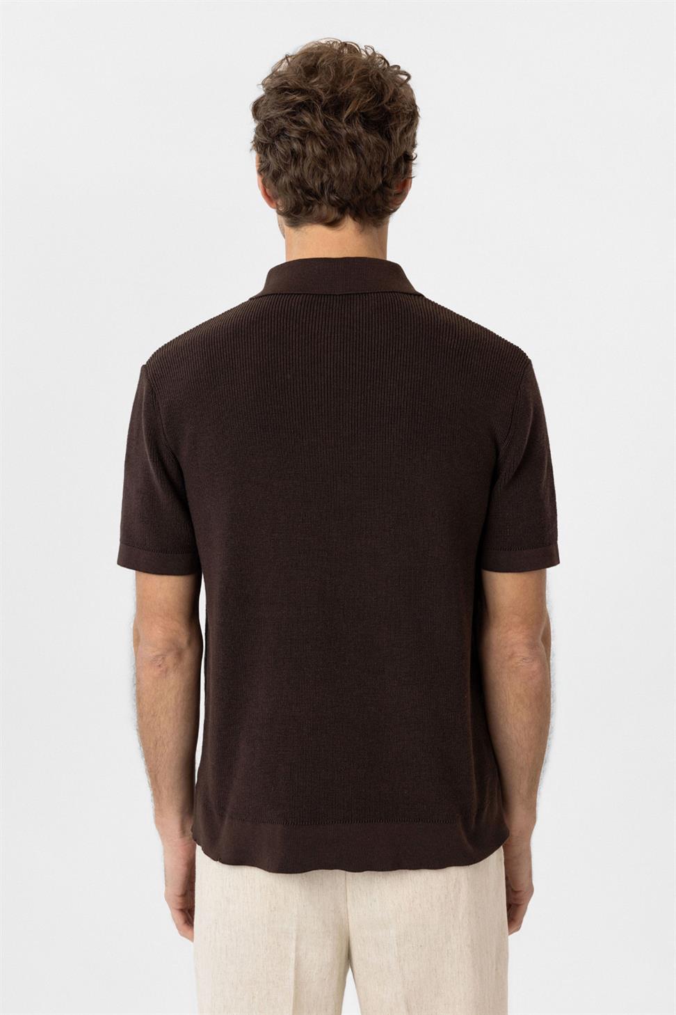 Antioch Kahve Fermuarlı Dokuma Erkek Triko T-Shirt