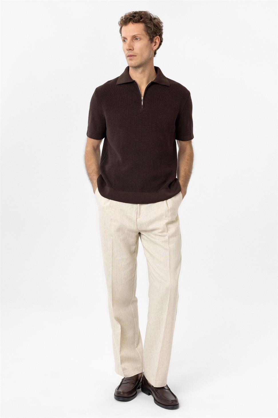 Antioch Kahve Fermuarlı Dokuma Erkek Triko T-Shirt