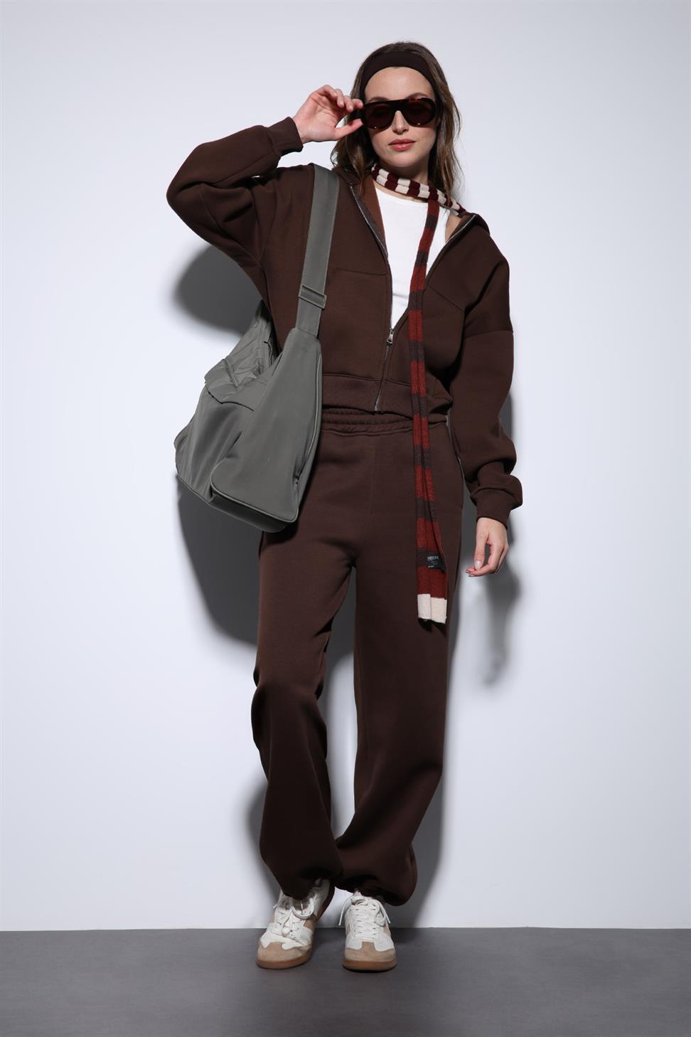 Antioch Kahve Fermuarlı Kapüşonlu Kadın Sweatshirt