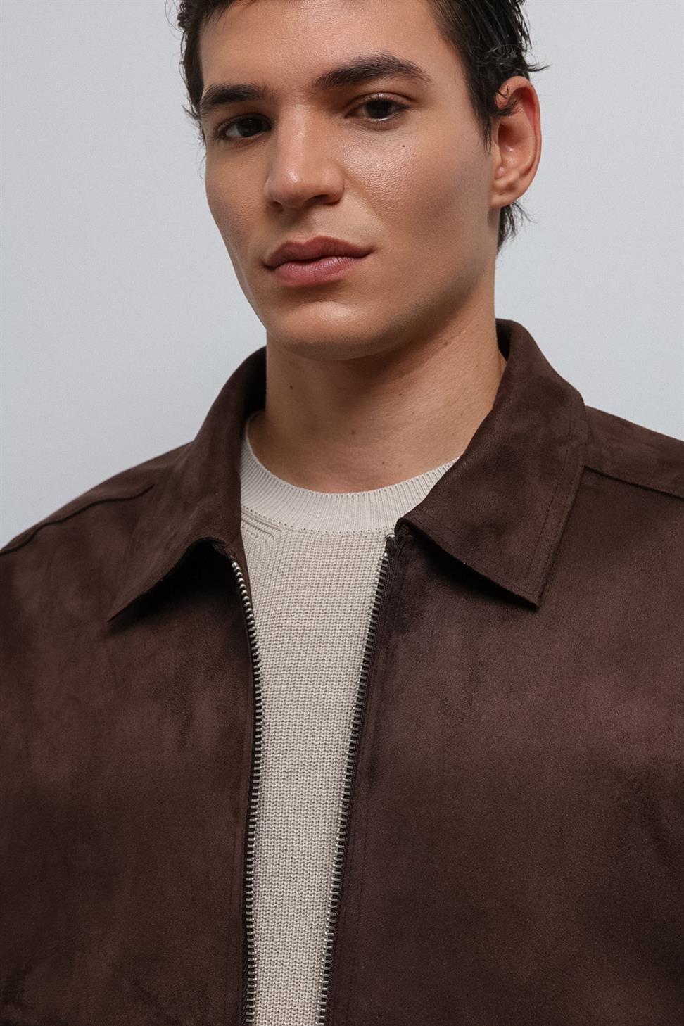 Antioch Kahve Fermuarlı Suni Süet Erkek Mont