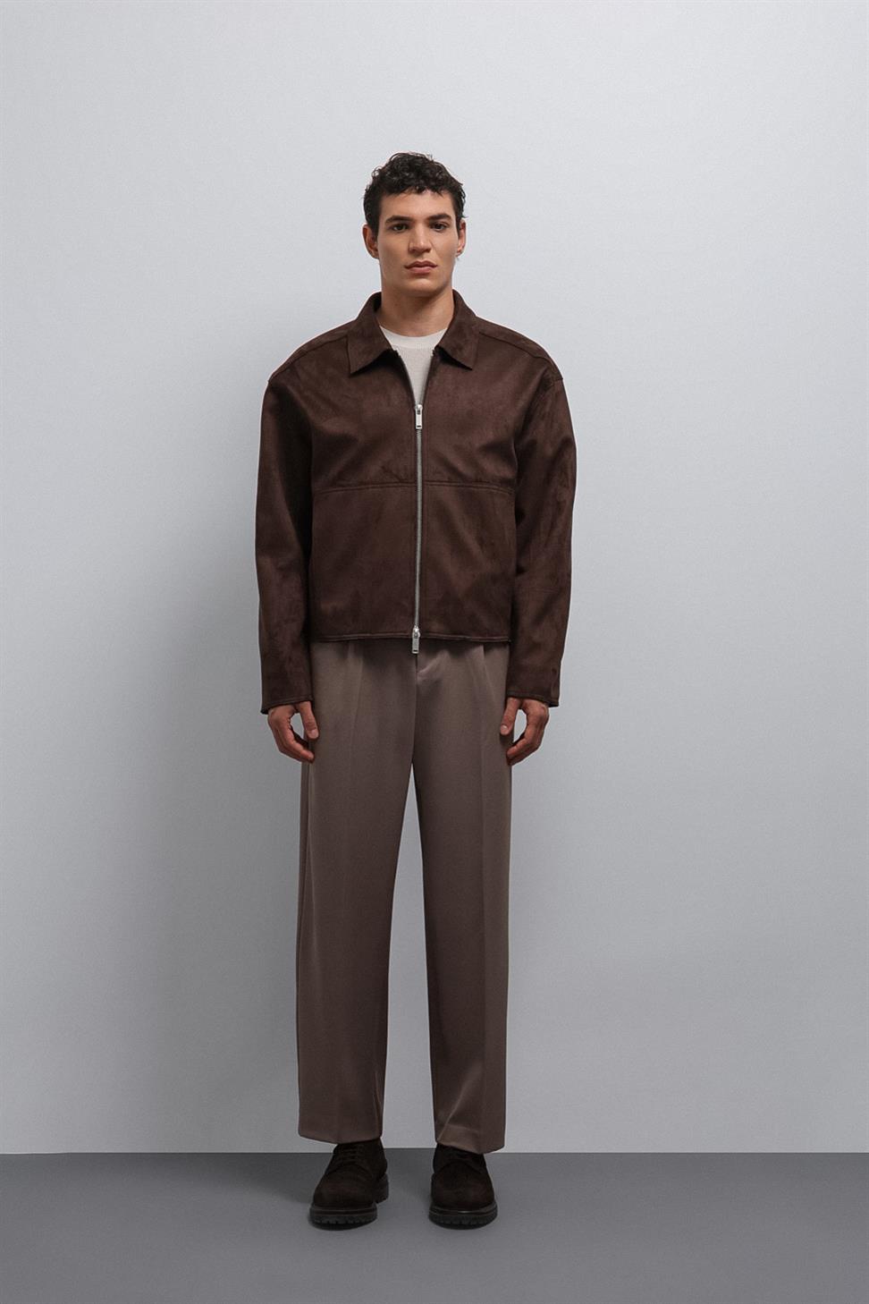 Antioch Kahve Fermuarlı Suni Süet Erkek Mont