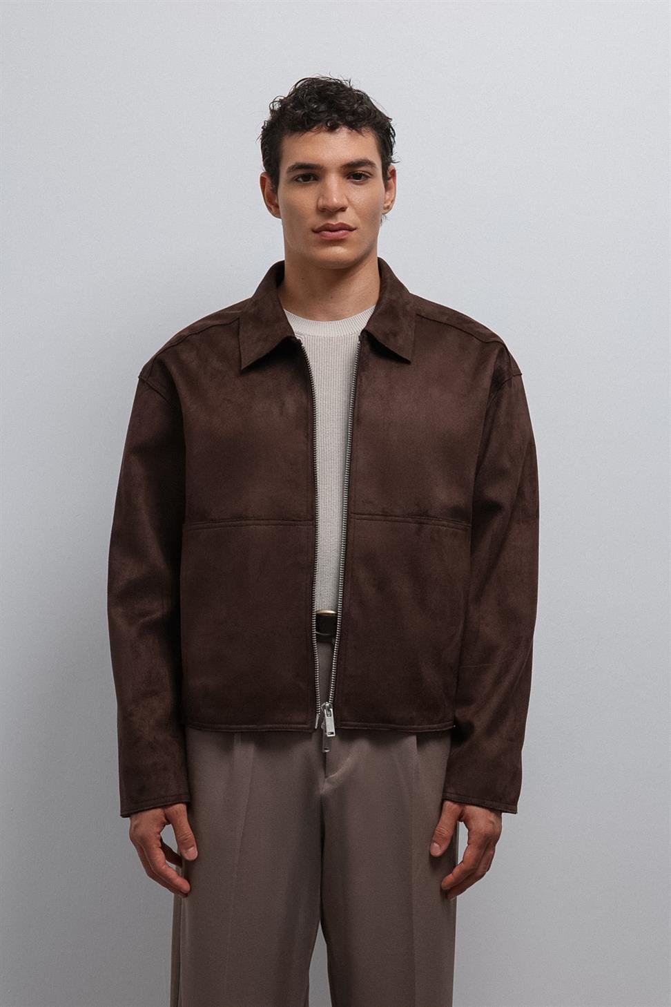 Antioch Kahve Fermuarlı Suni Süet Erkek Mont