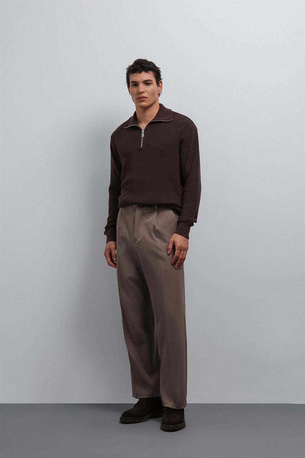 Antioch Kahve Fermuarlı Triko Erkek Kazak