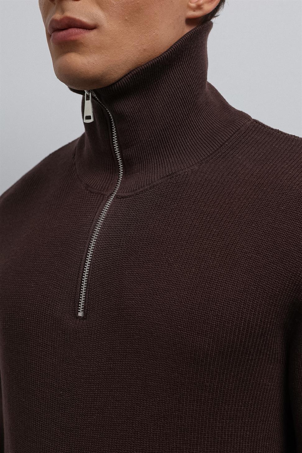 Antioch Kahve Fermuarlı Triko Erkek Kazak