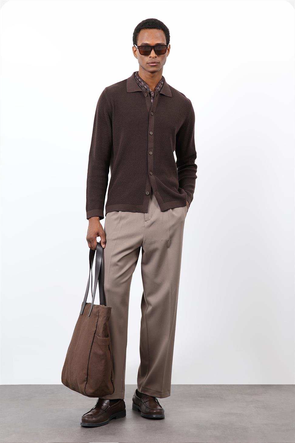 Antioch Kahve İnce Örgü Triko Erkek Hırka