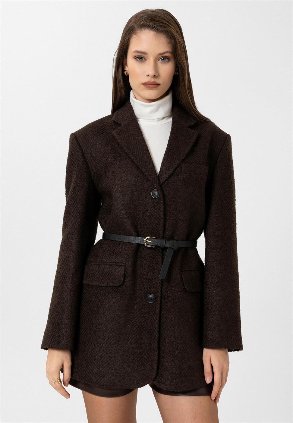 Antioch Kahve Kadın Balıksırtı Desenli Blazer Ceket