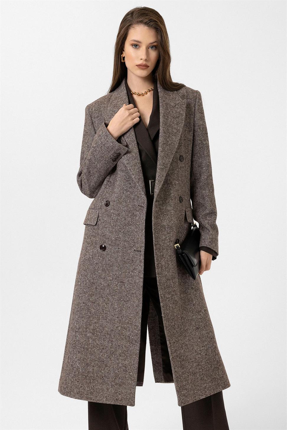 Antioch Kahve Kadın Balıksırtı Desenli Kruvaze Kaban