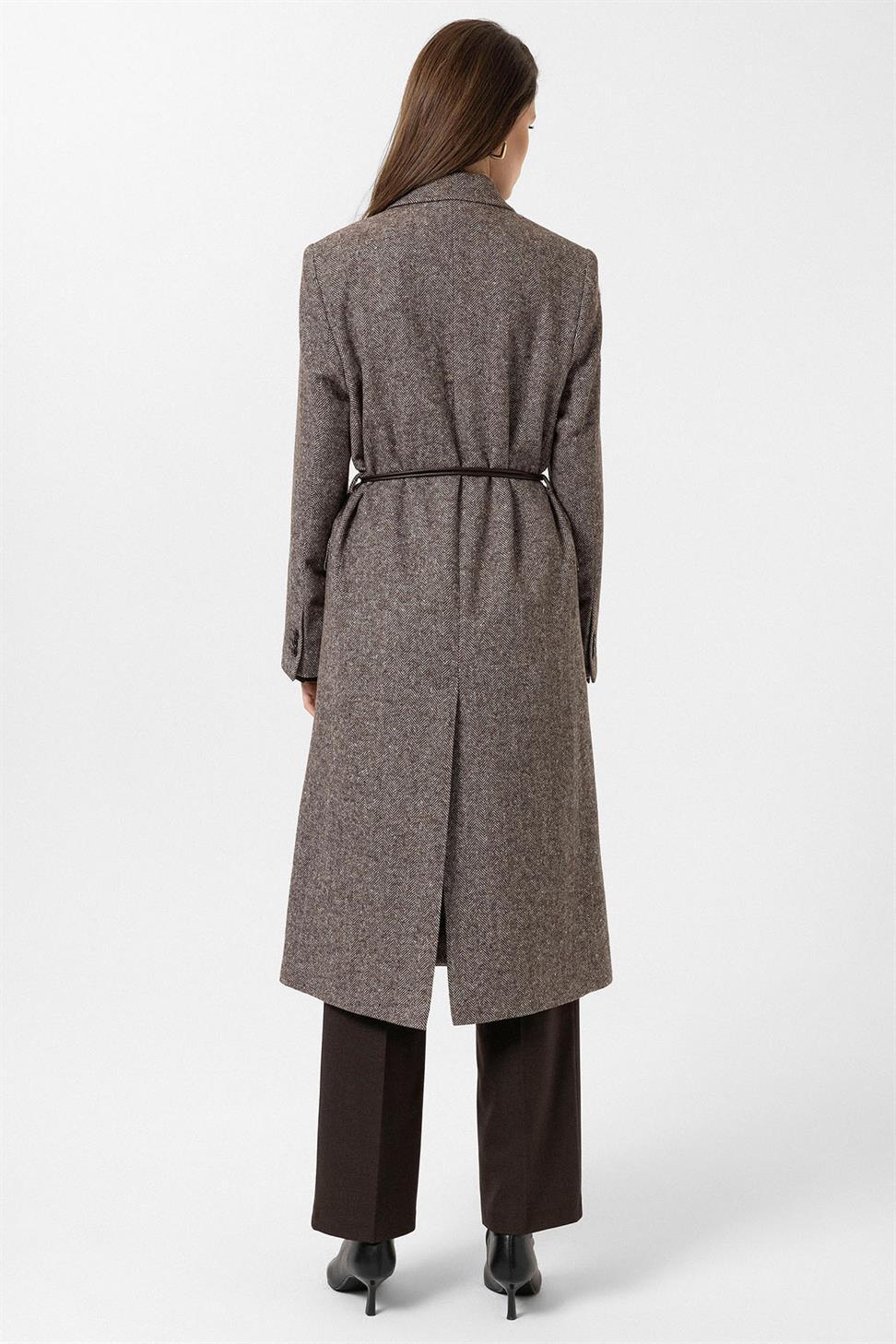 Antioch Kahve Kadın Balıksırtı Desenli Kruvaze Kaban