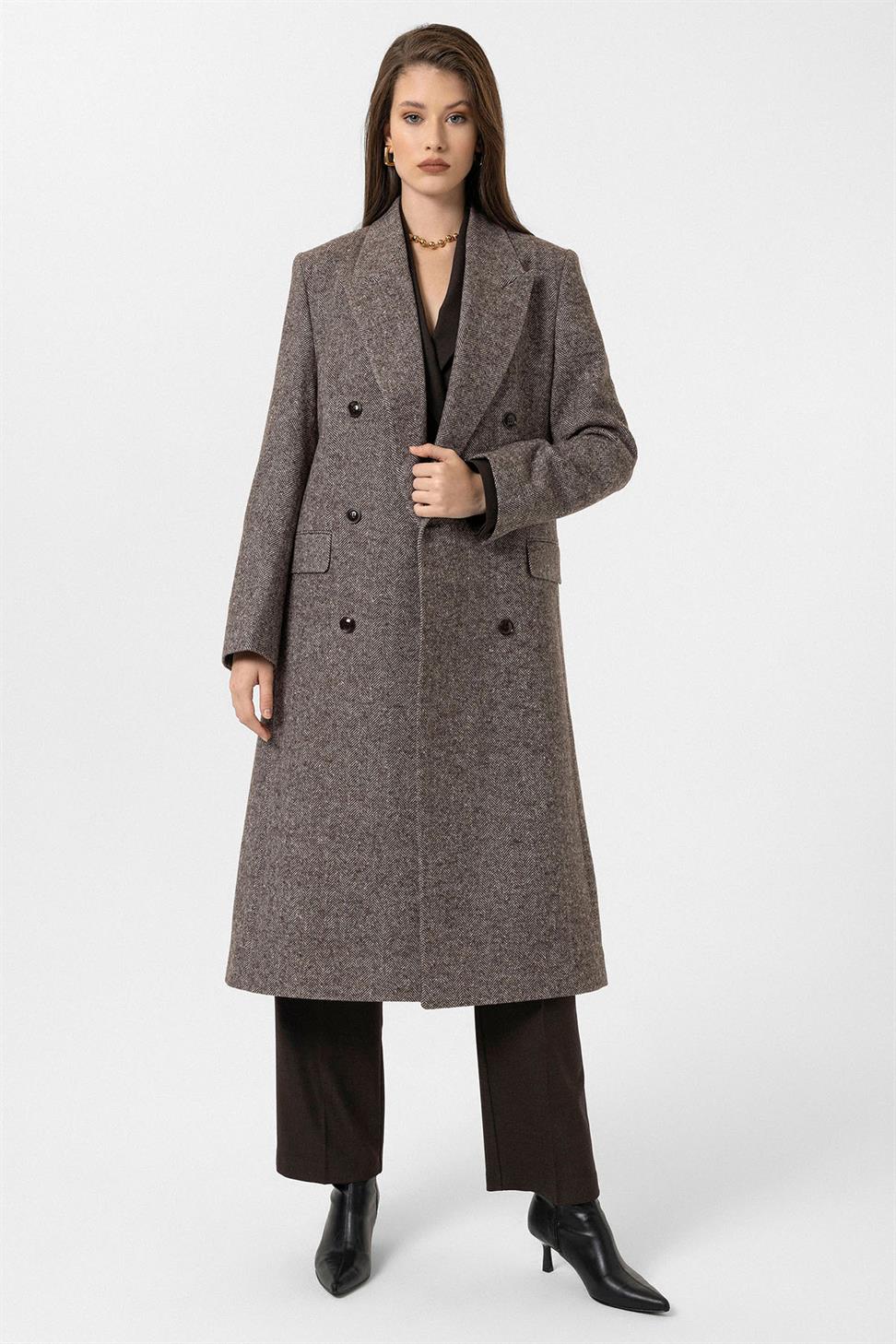 Antioch Kahve Kadın Balıksırtı Desenli Kruvaze Kaban