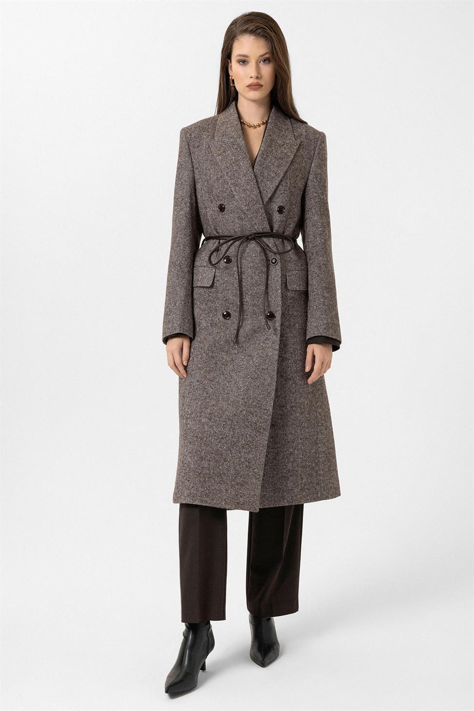 Antioch Kahve Kadın Balıksırtı Desenli Kruvaze Kaban