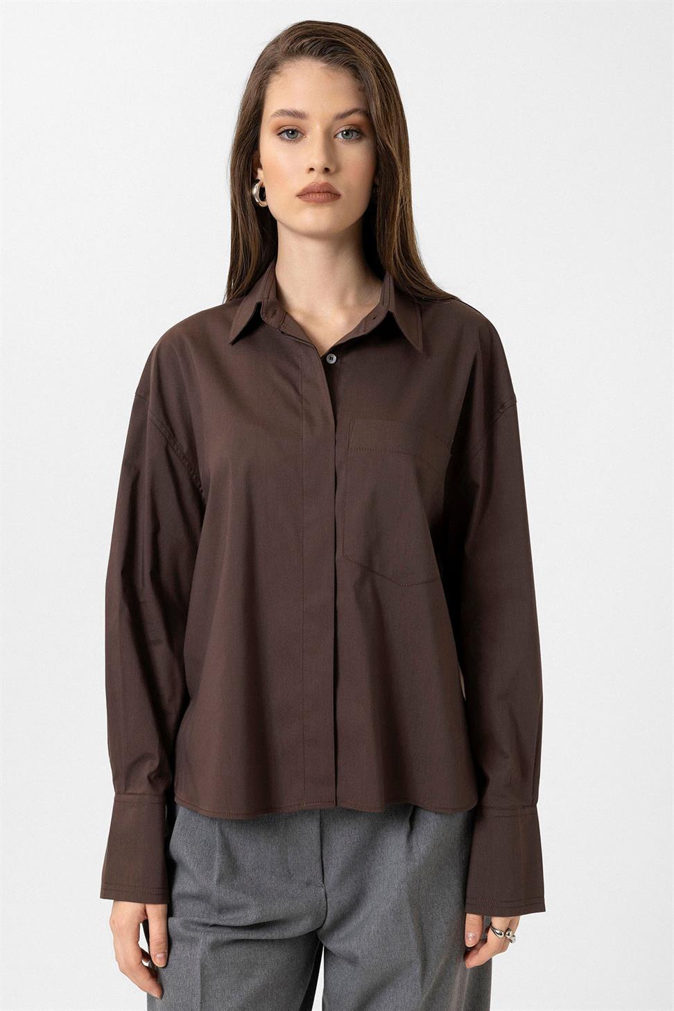 Antioch Kahve Kadın Basic Oversize Gömlek