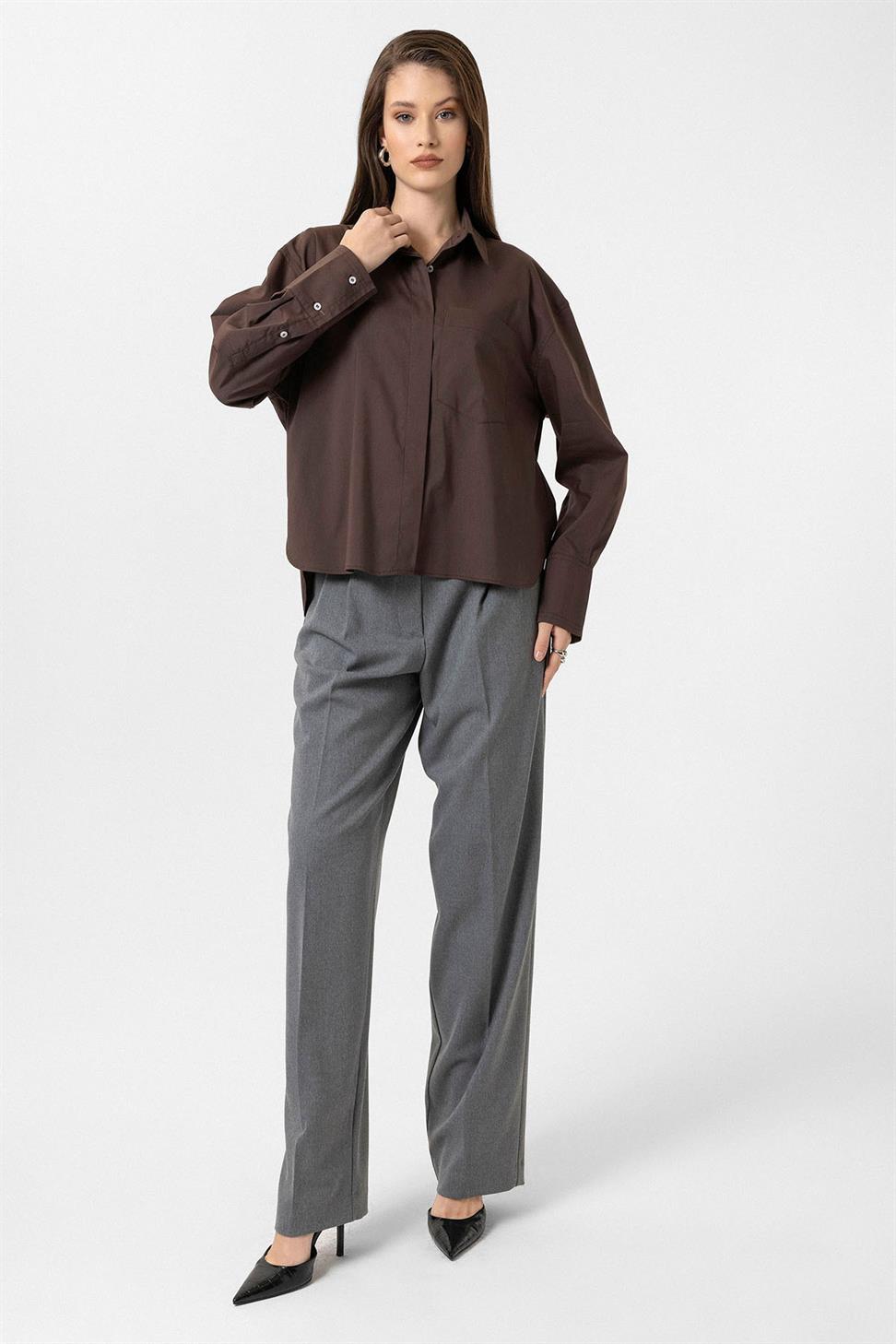 Antioch Kahve Kadın Basic Oversize Gömlek