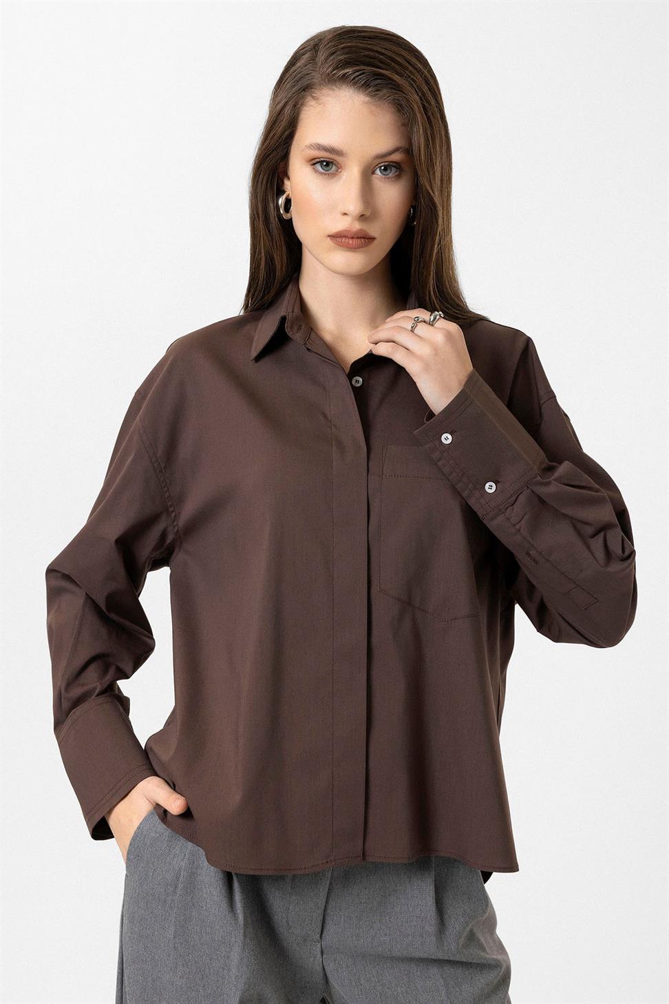 Antioch Kahve Kadın Basic Oversize Gömlek