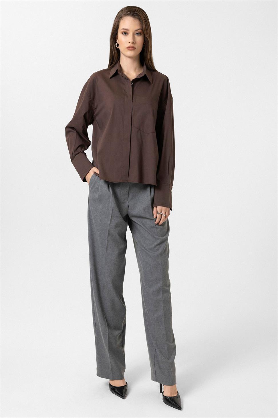 Antioch Kahve Kadın Basic Oversize Gömlek
