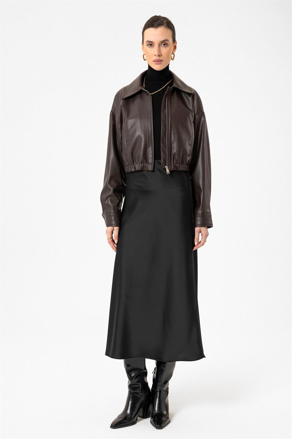 Antioch Kahve Kadın Bel Lastikli Suni Deri Mont