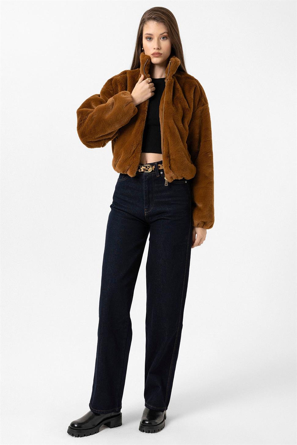 Antioch Kahve Kadın Bel Lastikli Suni Kürk Mont