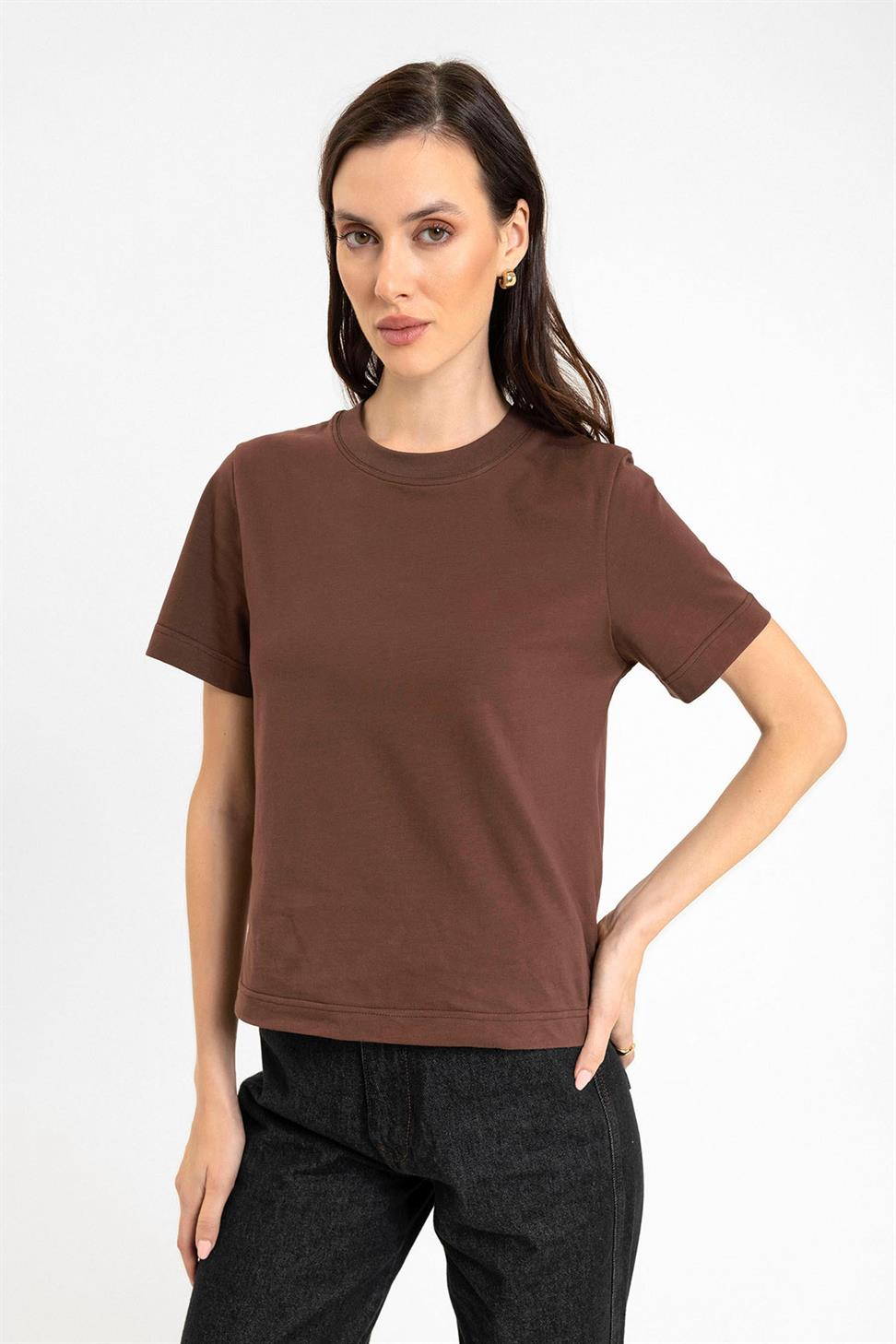 Antioch Kahve Kadın Bisiklet Yaka Basic T-Shirt