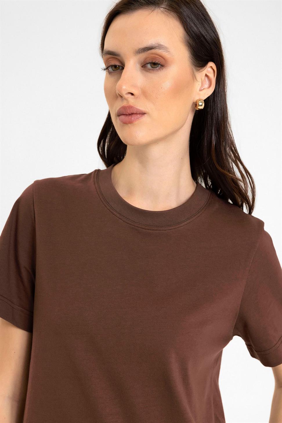 Antioch Kahve Kadın Bisiklet Yaka Basic T-Shirt