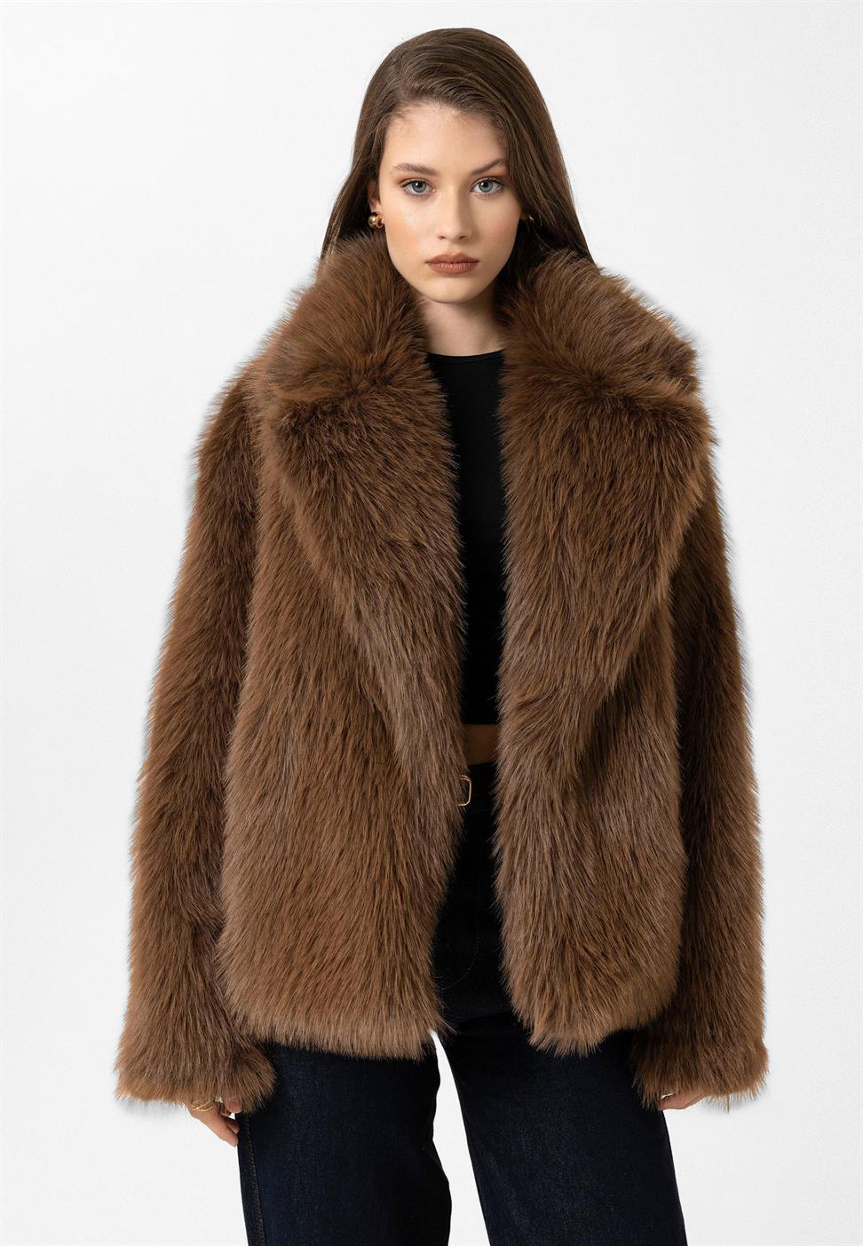 Antioch Kahve Kadın Ceket Yaka Suni Kürk Ceket