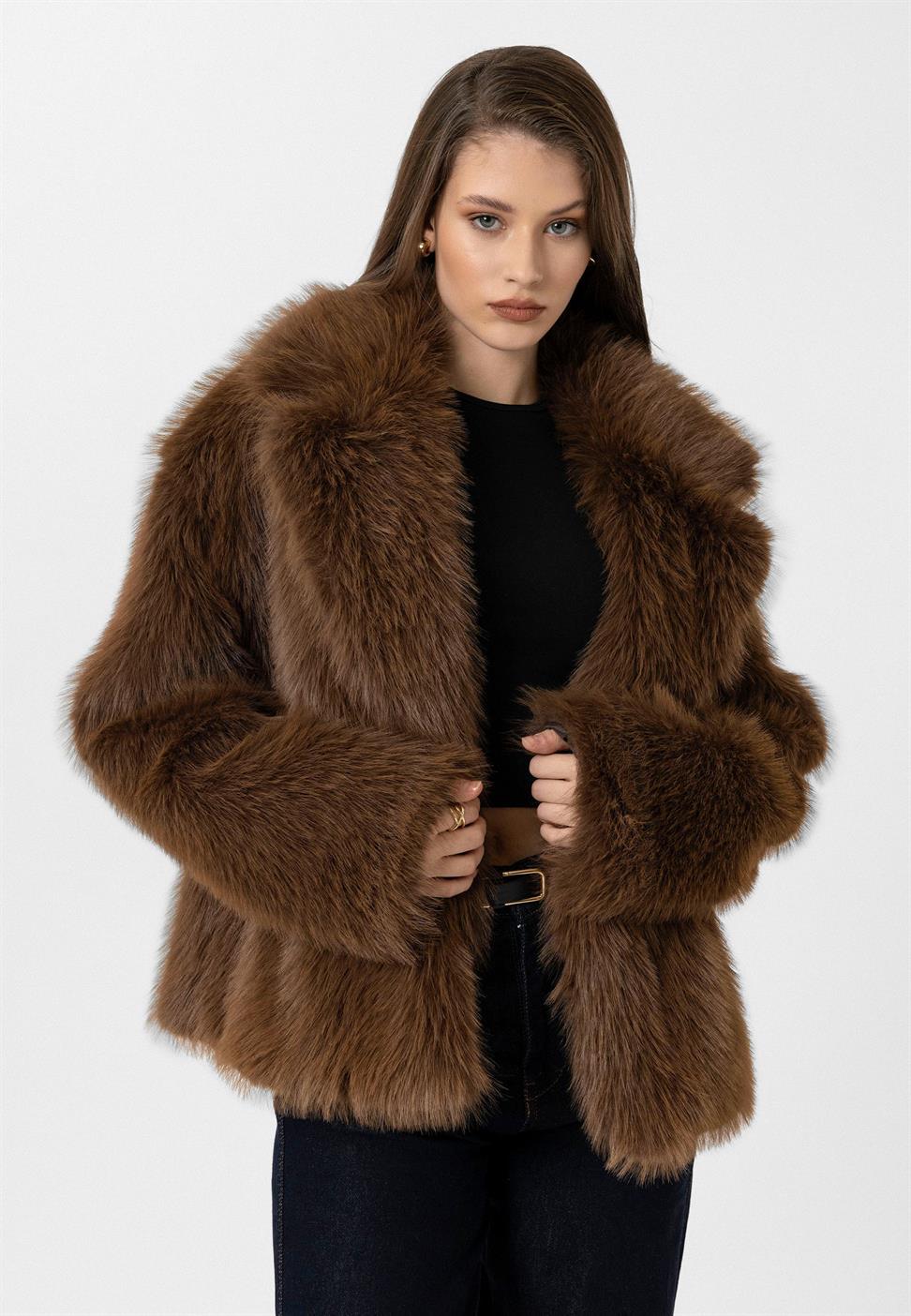 Antioch Kahve Kadın Ceket Yaka Suni Kürk Ceket