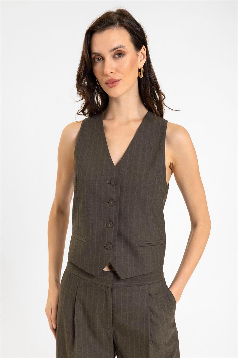 Antioch Kahve Kadın Çizgili Düğme Kapama Yelek