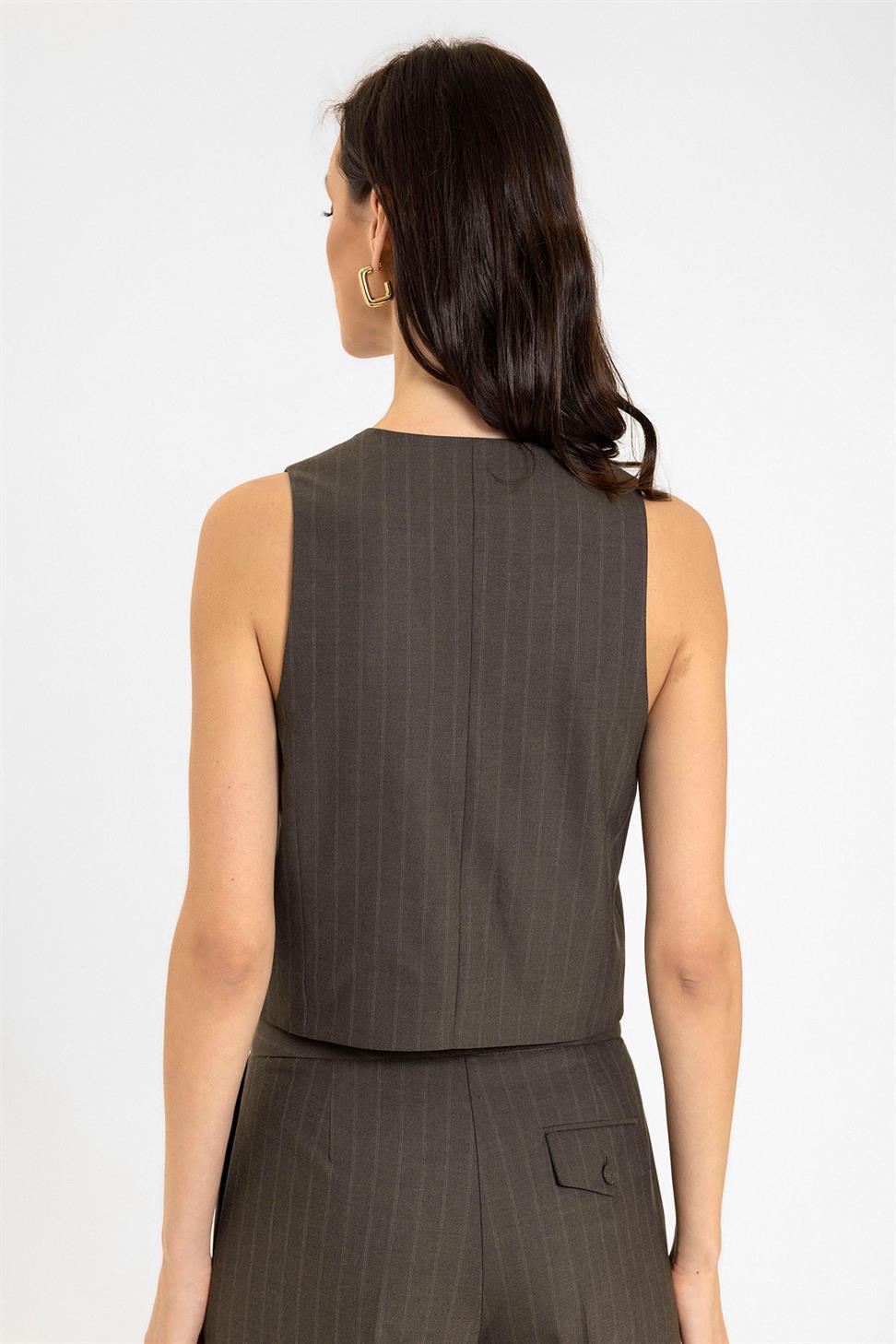 Antioch Kahve Kadın Çizgili Düğme Kapama Yelek