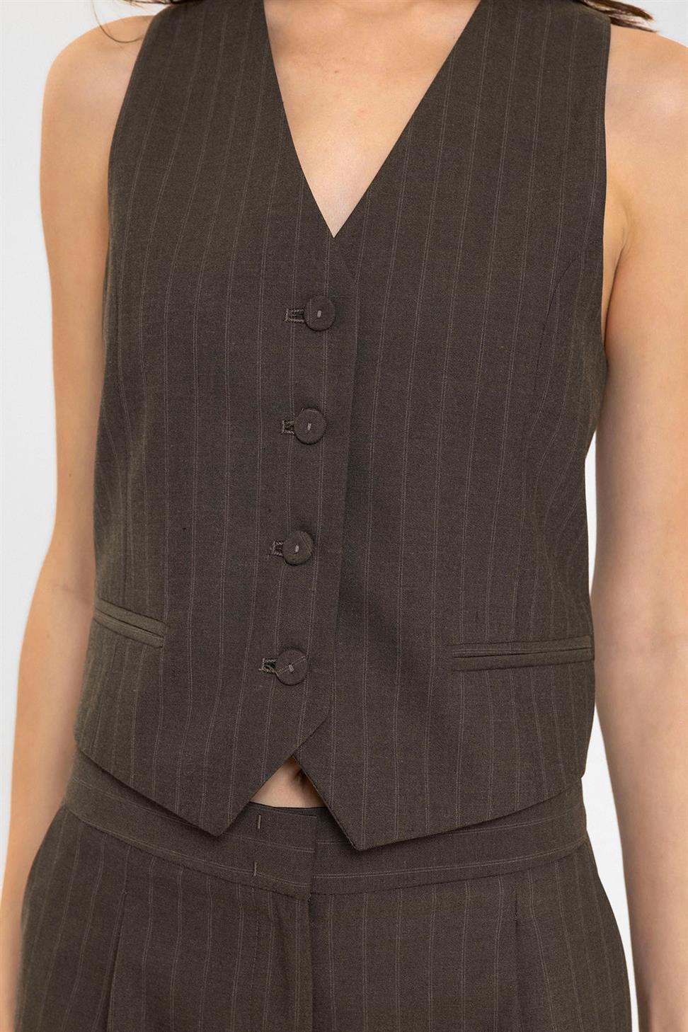 Antioch Kahve Kadın Çizgili Düğme Kapama Yelek