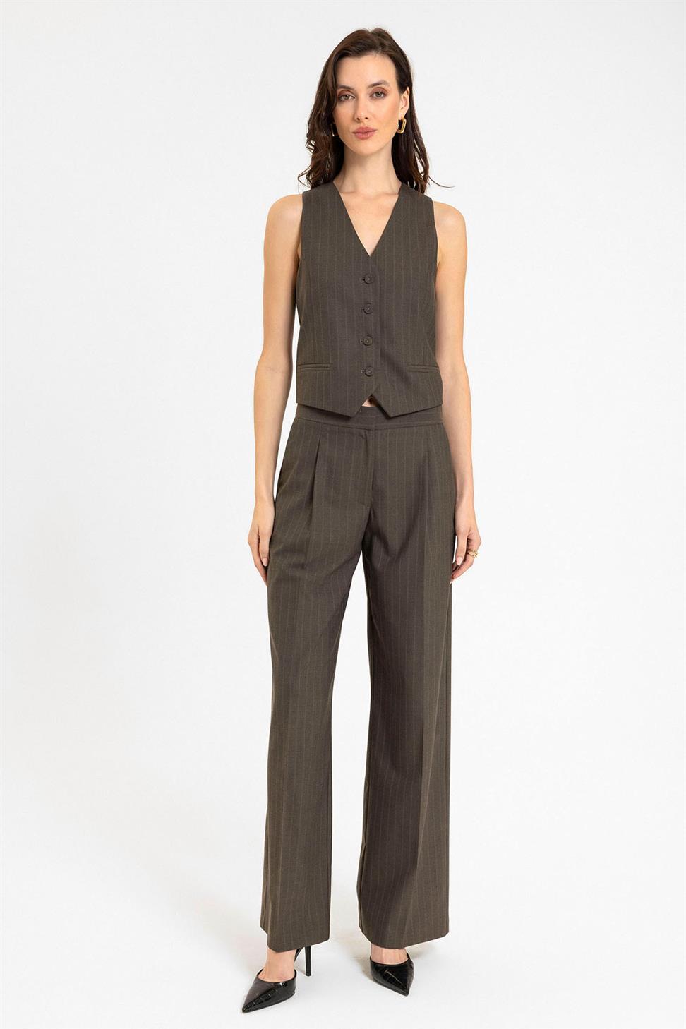 Antioch Kahve Kadın Çizgili Düğme Kapama Yelek