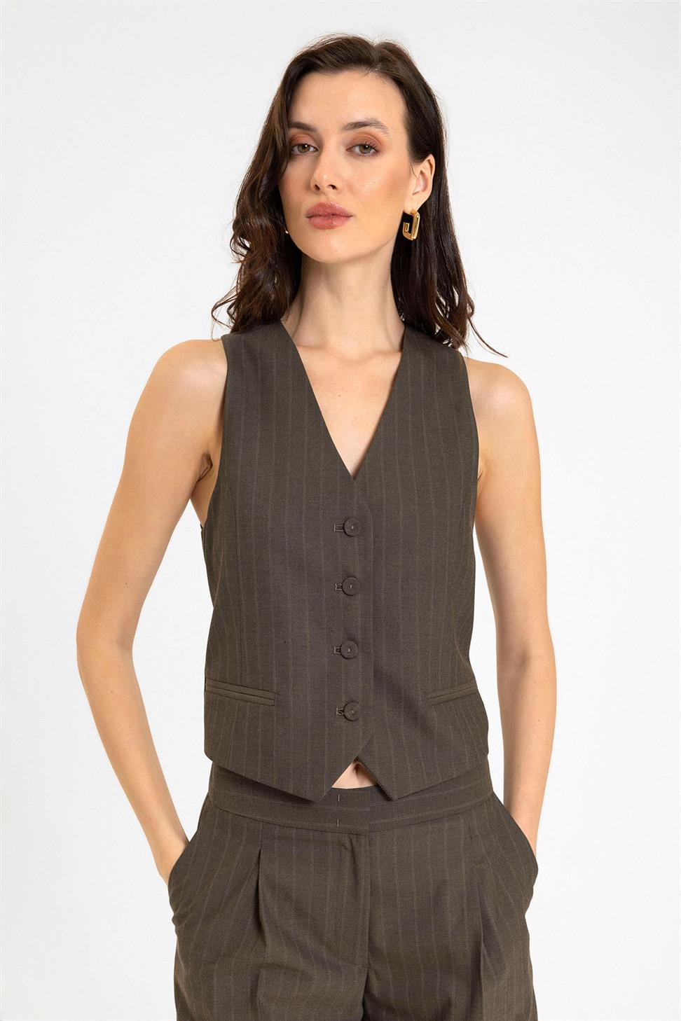 Antioch Kahve Kadın Çizgili Düğme Kapama Yelek