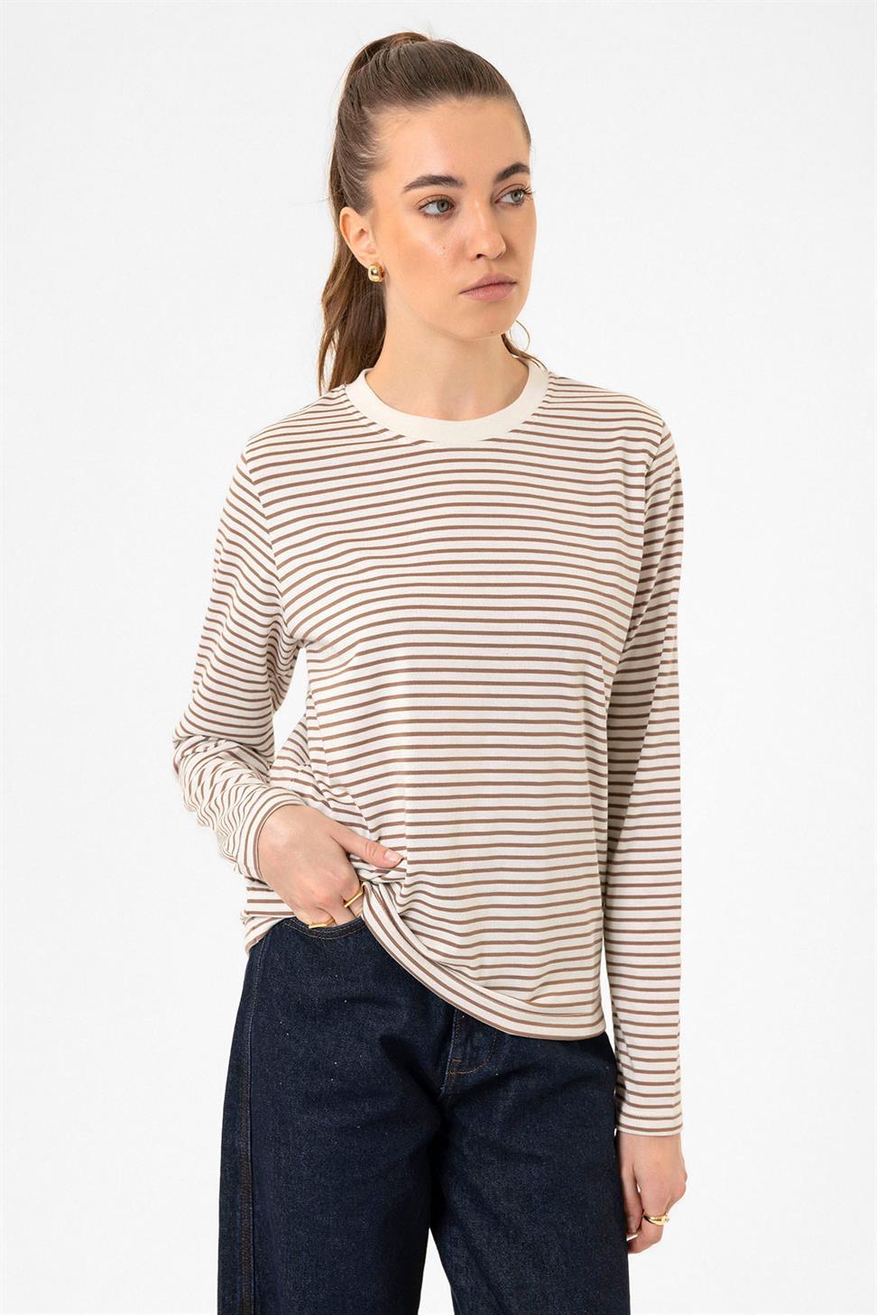 Antioch Kahve Kadın Çizgili Mevsimlik Kazak