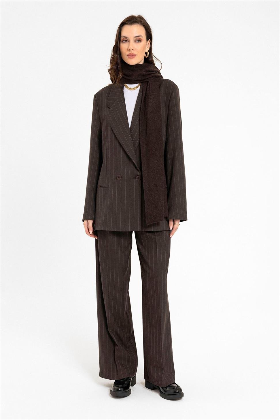 Antioch Kahve Kadın Çizgili Oversize Blazer Ceket