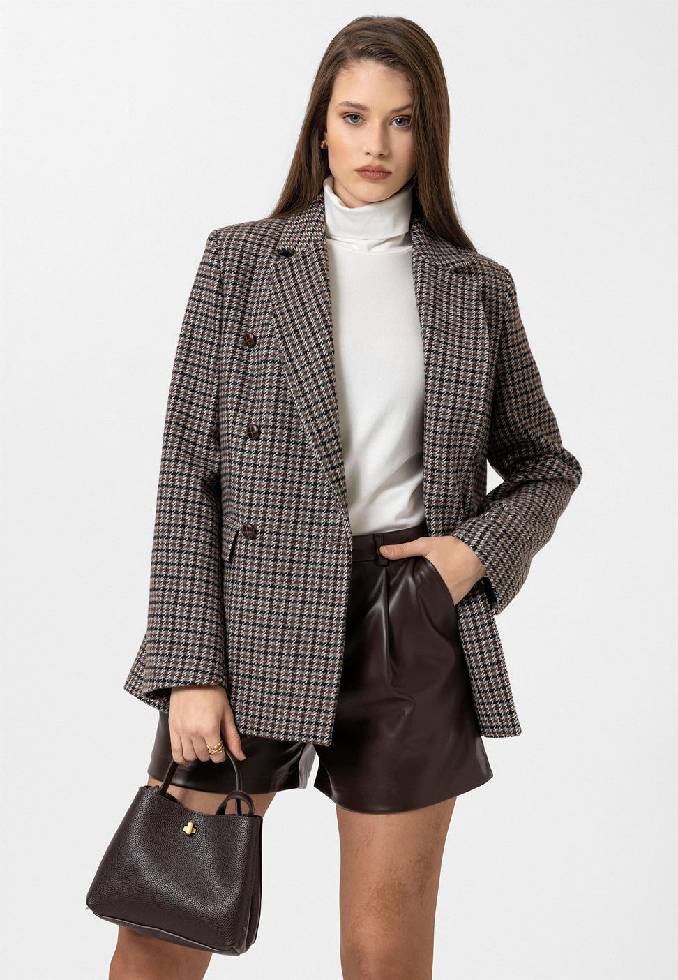 Antioch Kahve Kadın Kazayağı Desenli Blazer Ceket