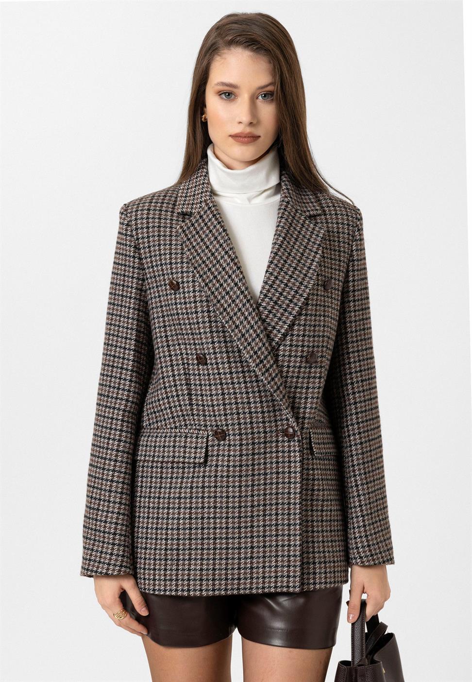 Antioch Kahve Kadın Kazayağı Desenli Blazer Ceket