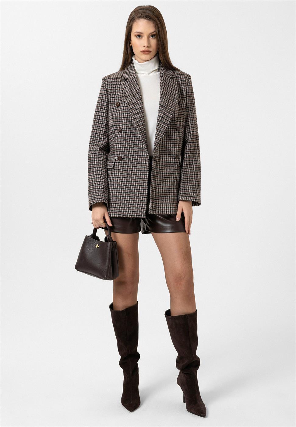 Womens Houndstooth Pattern Blazer Jacket