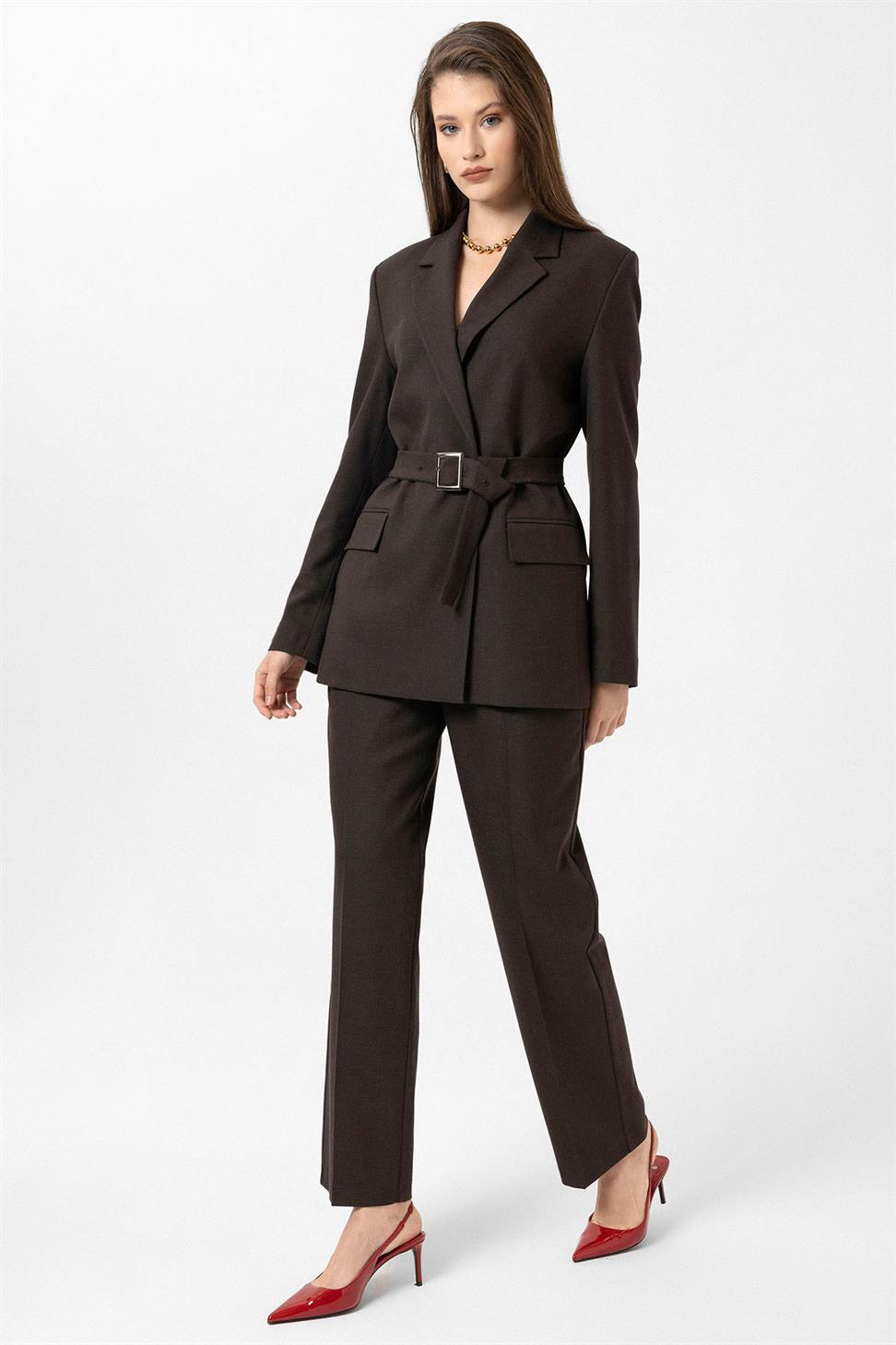 Antioch Kahve Kadın Kemerli Blazer Ceket