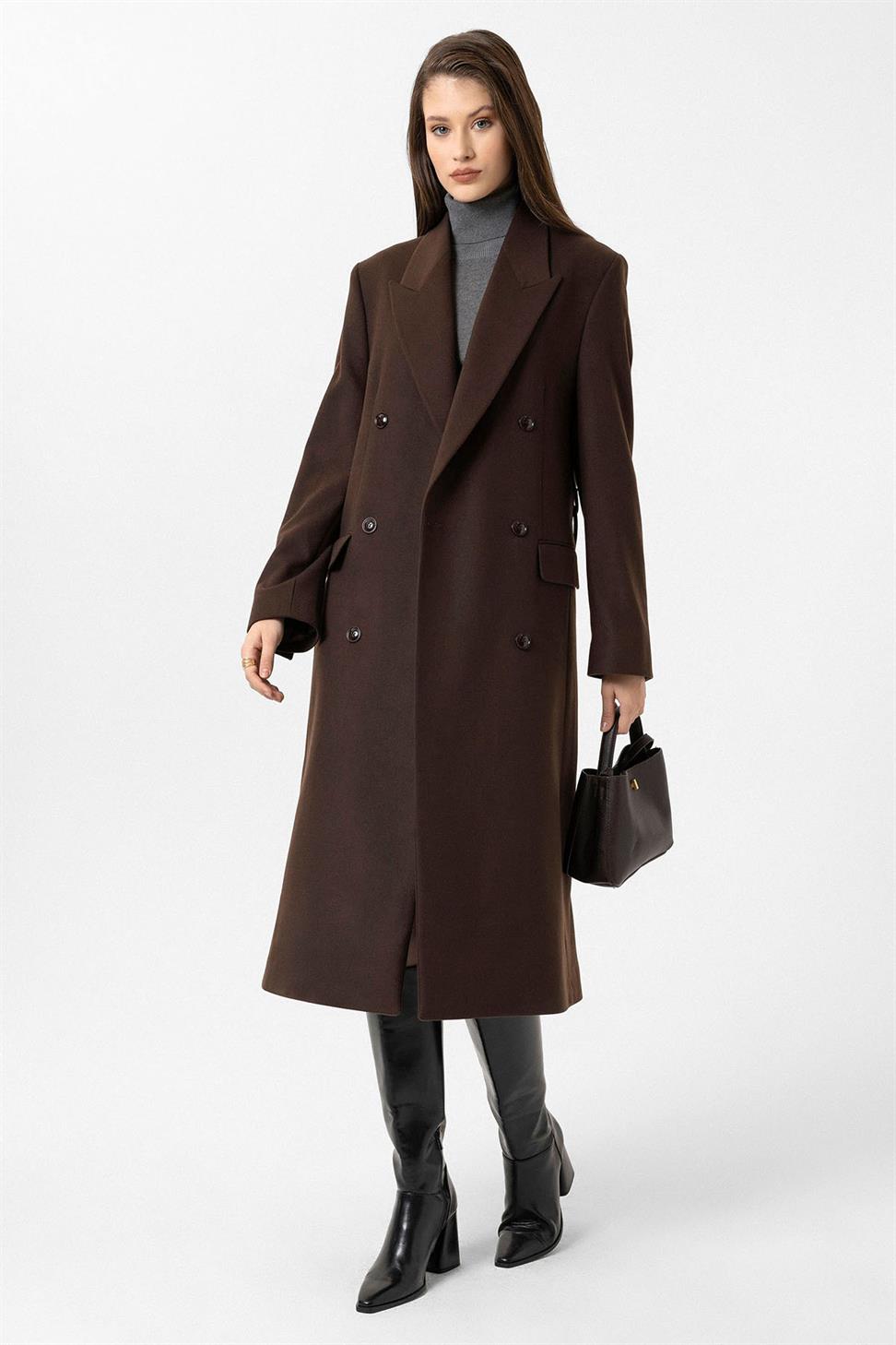 Antioch Kahve Kadın Kemerli Kruvaze Kaban