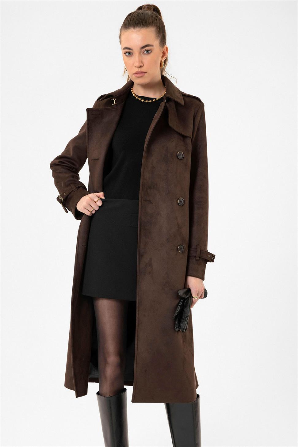 Antioch Kahve Kadın Kemerli Nubuk Trençkot