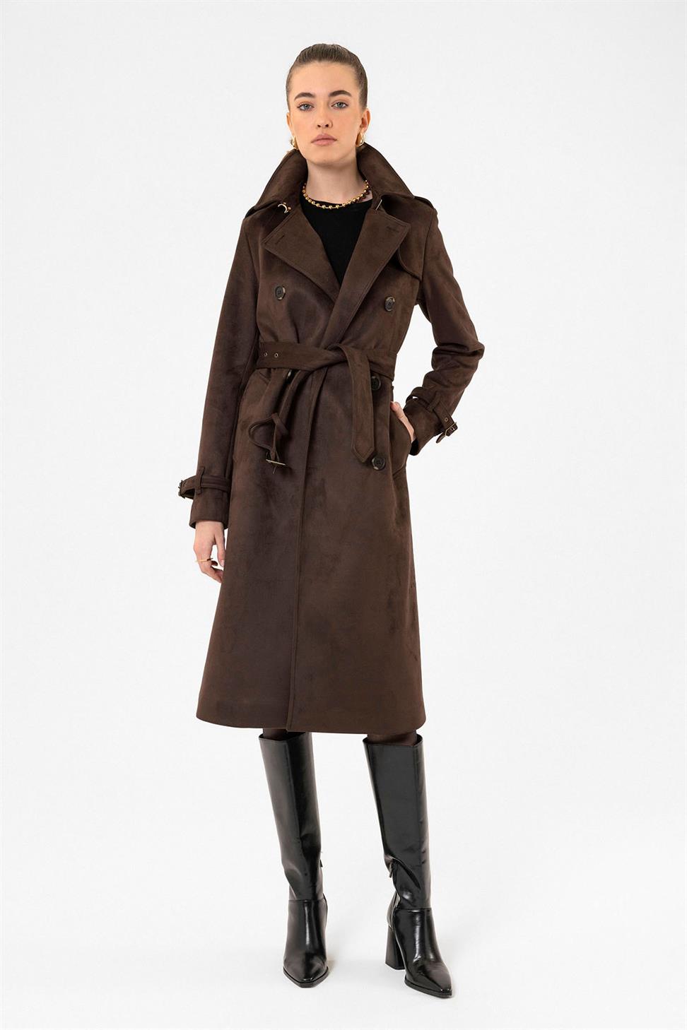 Antioch Kahve Kadın Kemerli Nubuk Trençkot